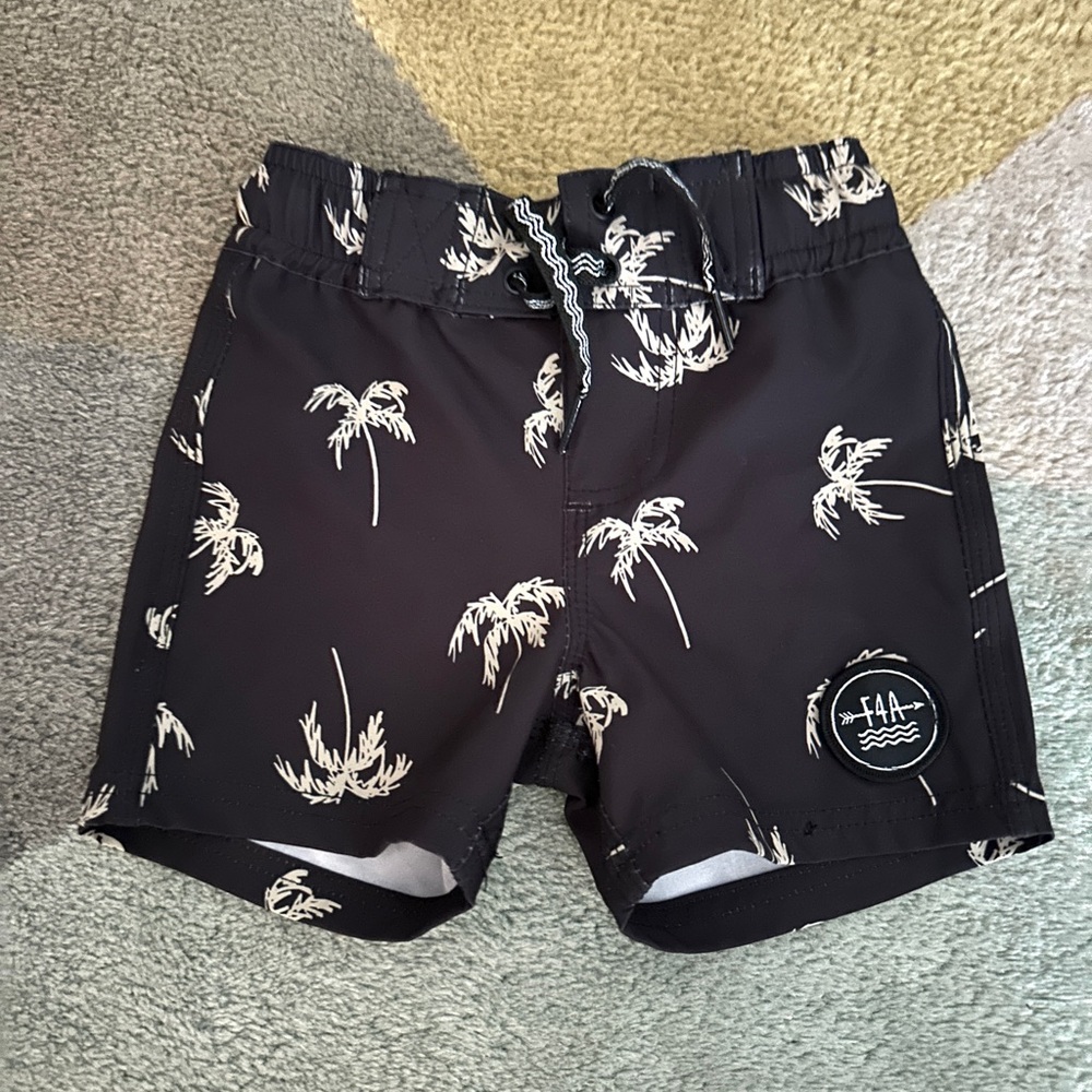 Toddlers Black Palm-Print Swim Trunks